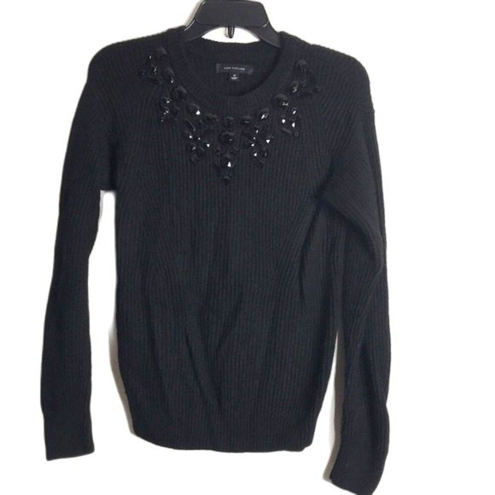 Ann Taylor Women's Black Beaded ribbed Pullover wool Sweater top medium